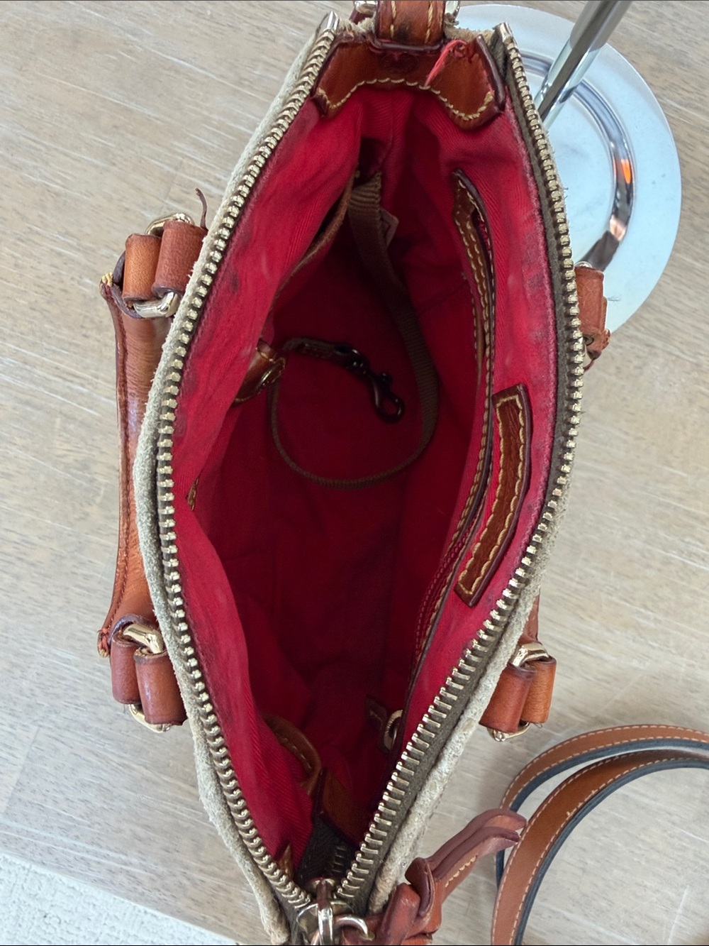 Dooney & Bourke taupe suede snake textured satchel w/British tan leather trim - Picture 5 of 11